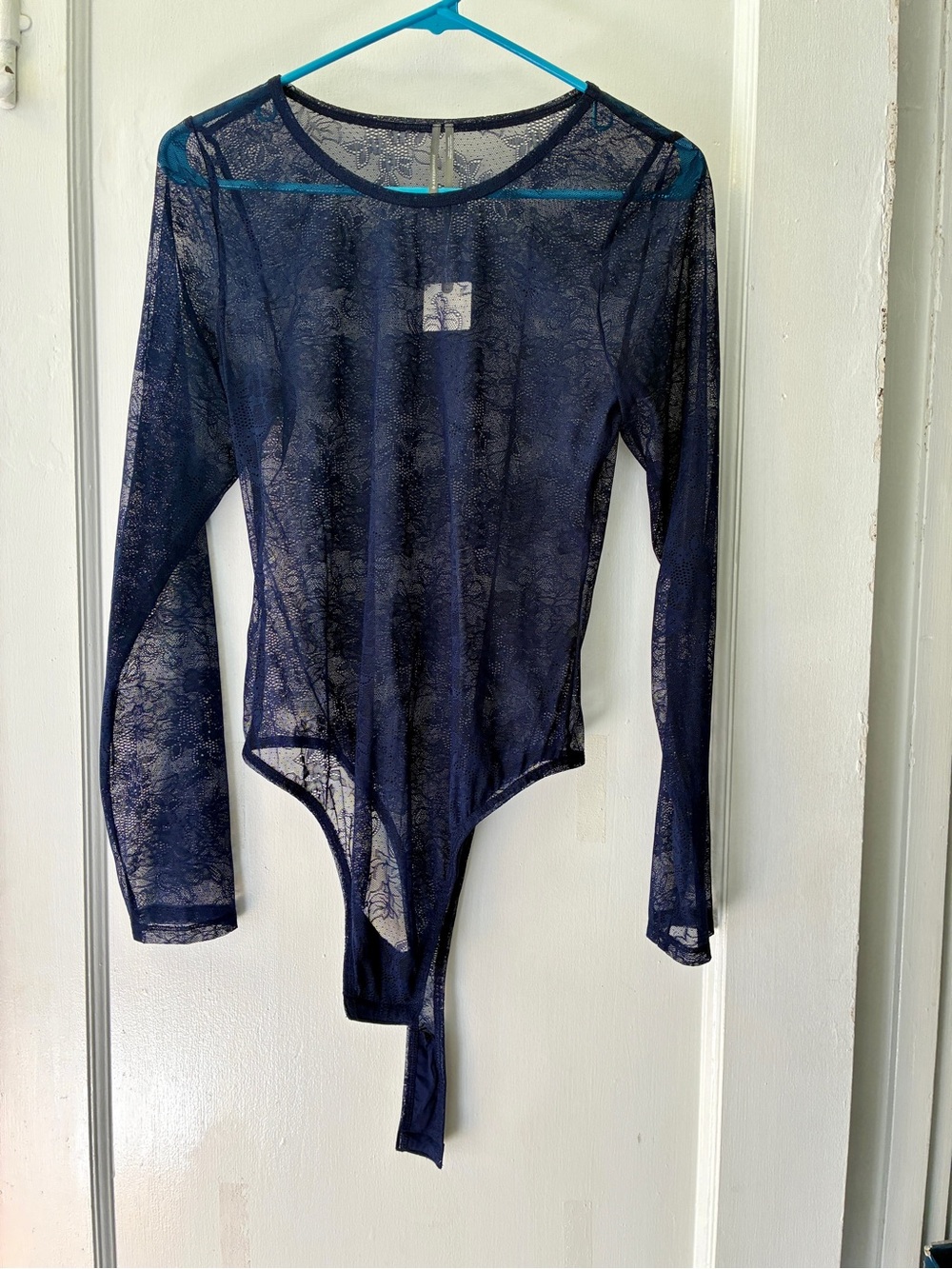 Anthropologie Navy Lace Long-Sleeve Bodysuit